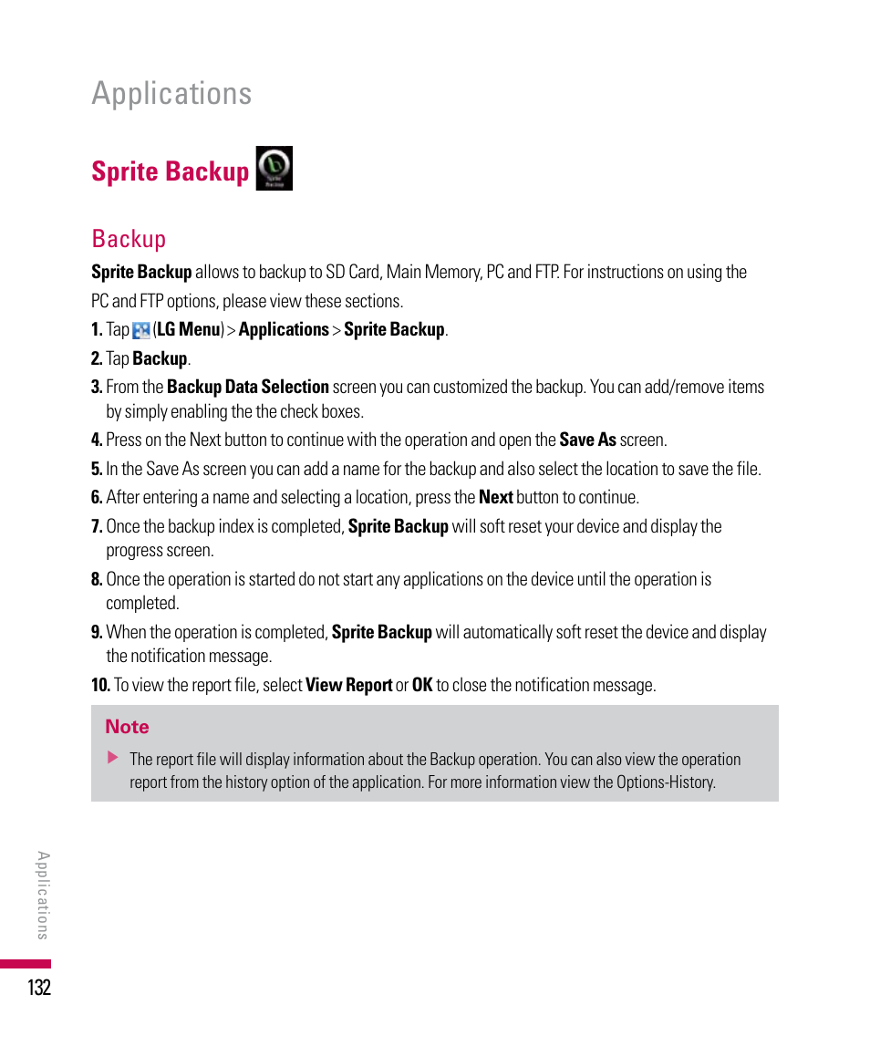 Applications, Sprite backup, Backup | LG PDA User Manual | Page 132 / 195