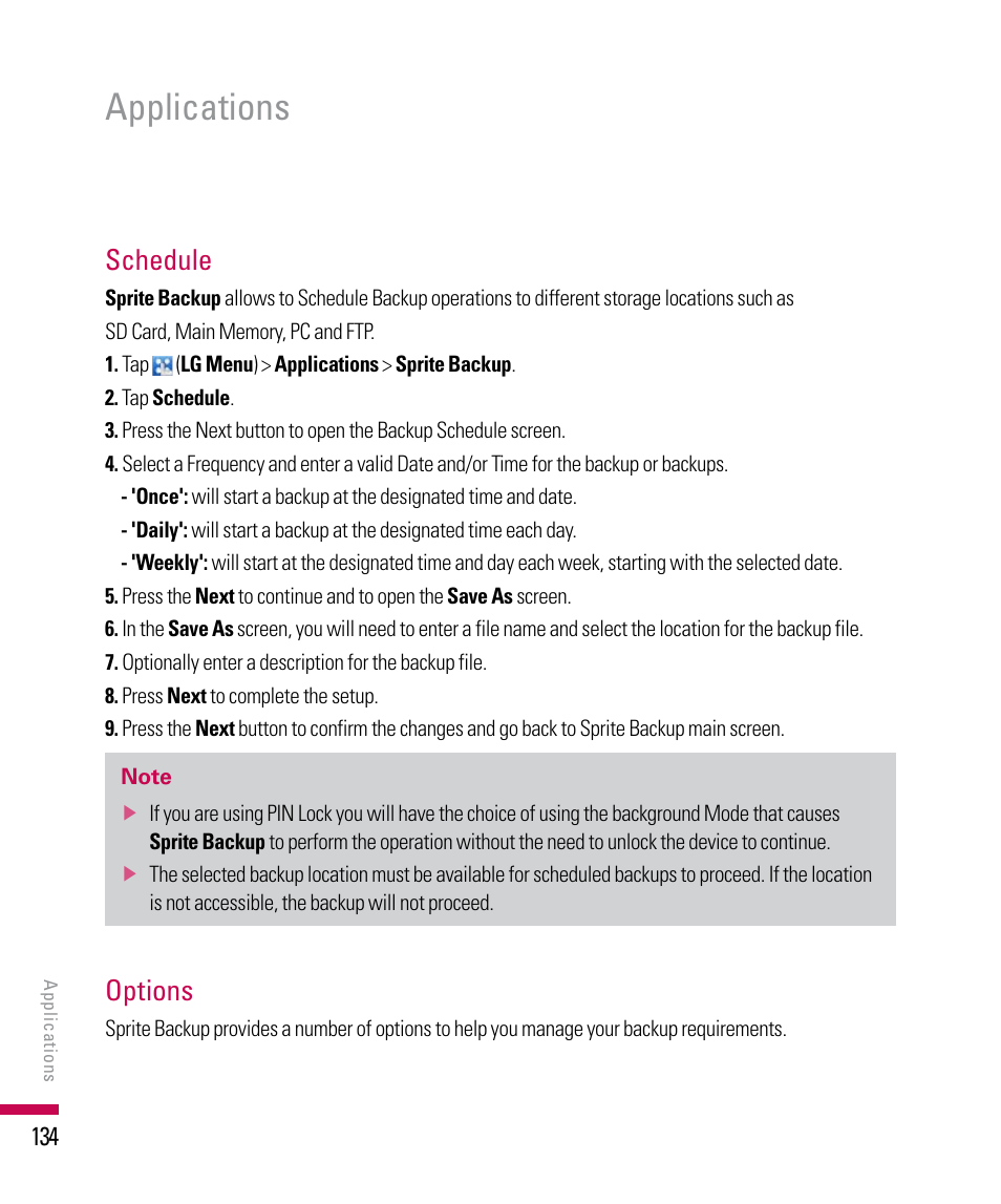 Applications, Schedule, Options | LG PDA User Manual | Page 134 / 195