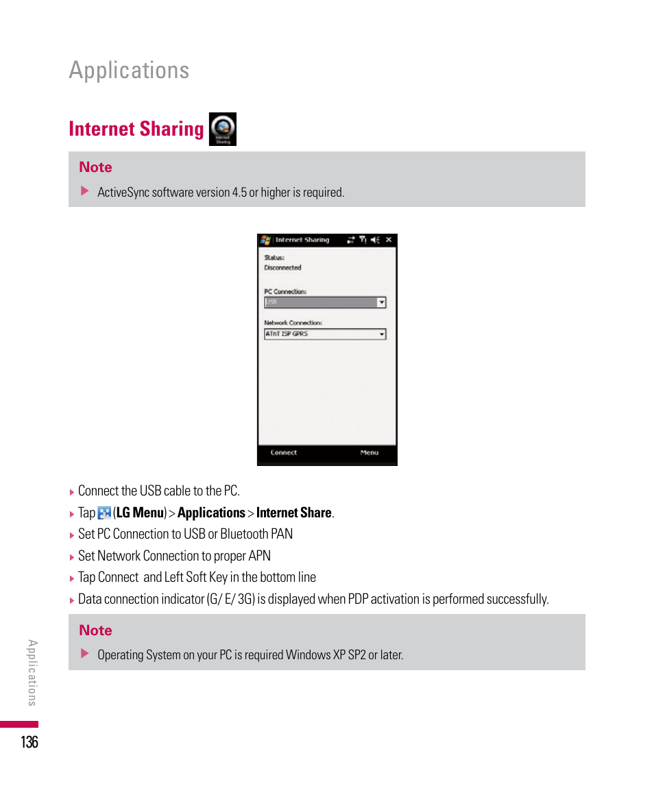 Applications, Internet sharing | LG PDA User Manual | Page 136 / 195