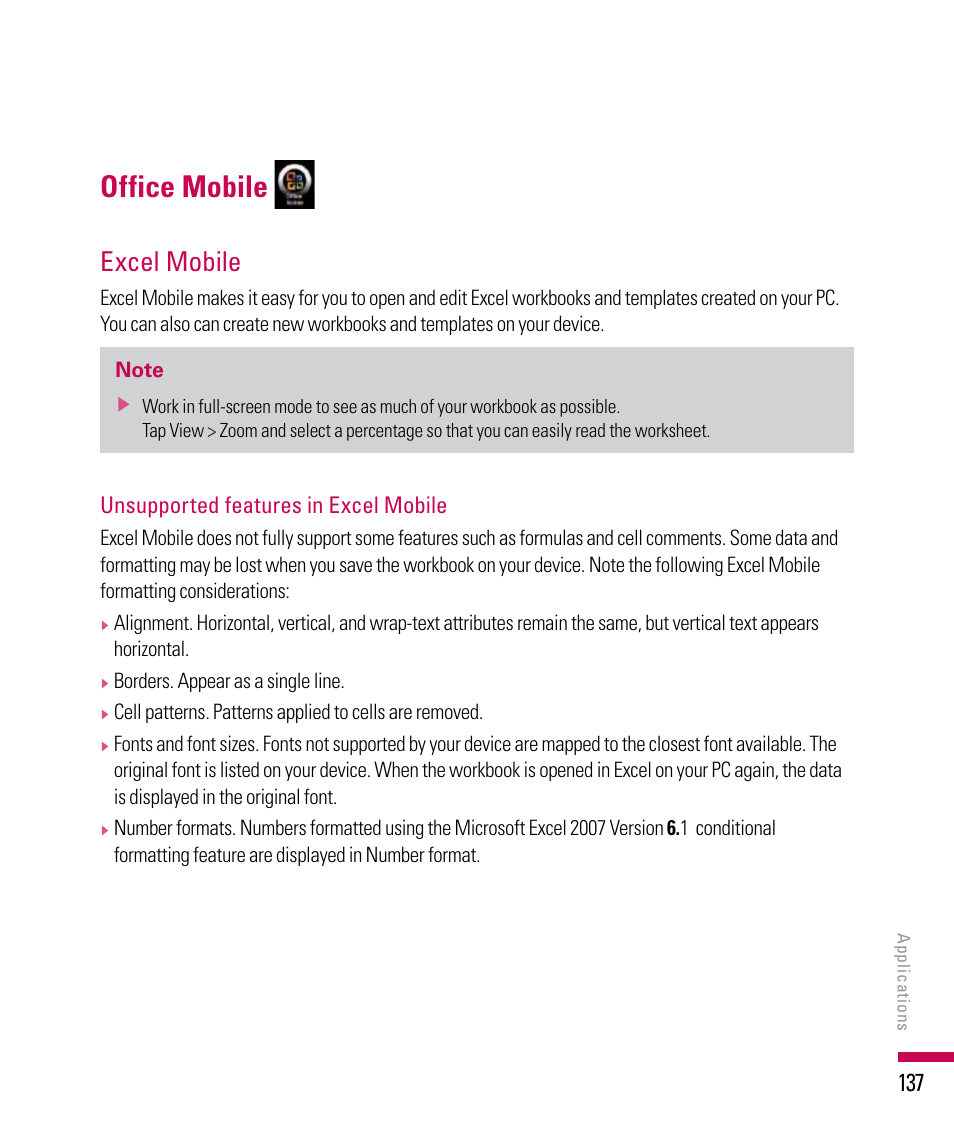 Office mobile, Excel mobile | LG PDA User Manual | Page 137 / 195