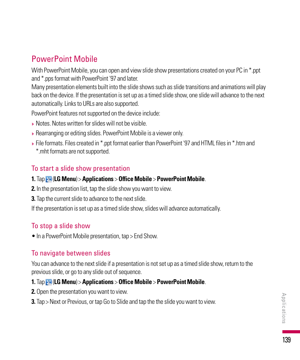 Powerpoint mobile | LG PDA User Manual | Page 139 / 195