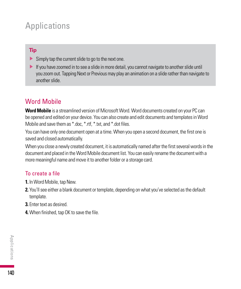 Applications, Word mobile | LG PDA User Manual | Page 140 / 195