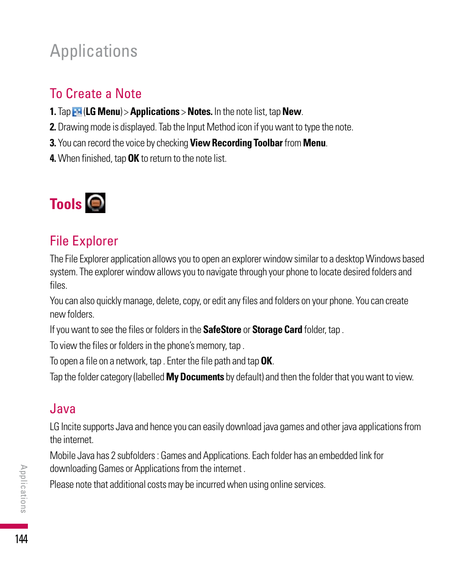 Applications, Tools, File explorer | Java | LG PDA User Manual | Page 144 / 195