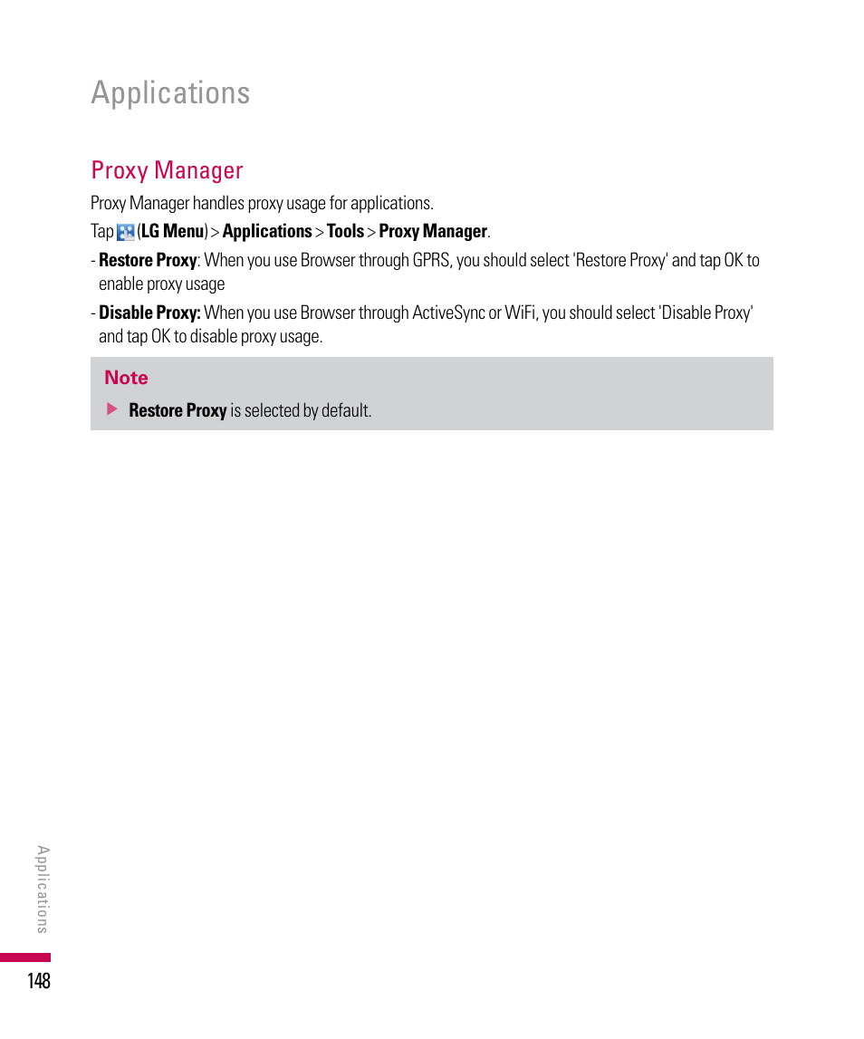 Applications, Proxy manager | LG PDA User Manual | Page 148 / 195