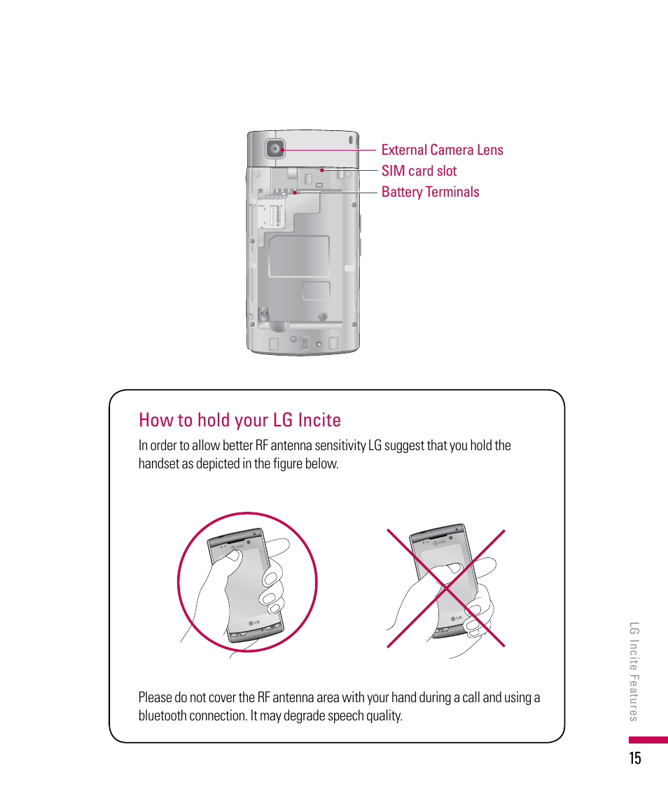 How to hold your lg incite | LG PDA User Manual | Page 15 / 195