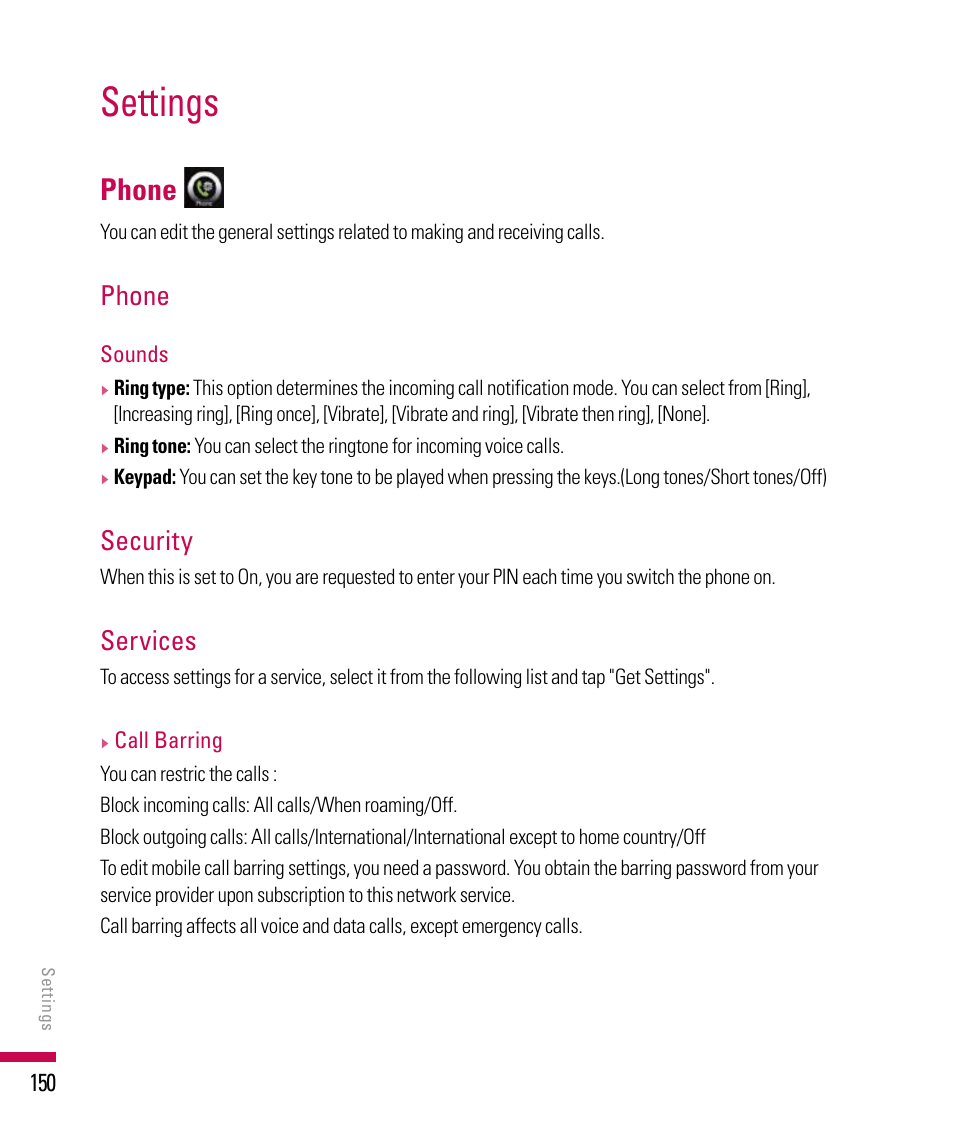 Settings, Phone, Security | Services | LG PDA User Manual | Page 150 / 195