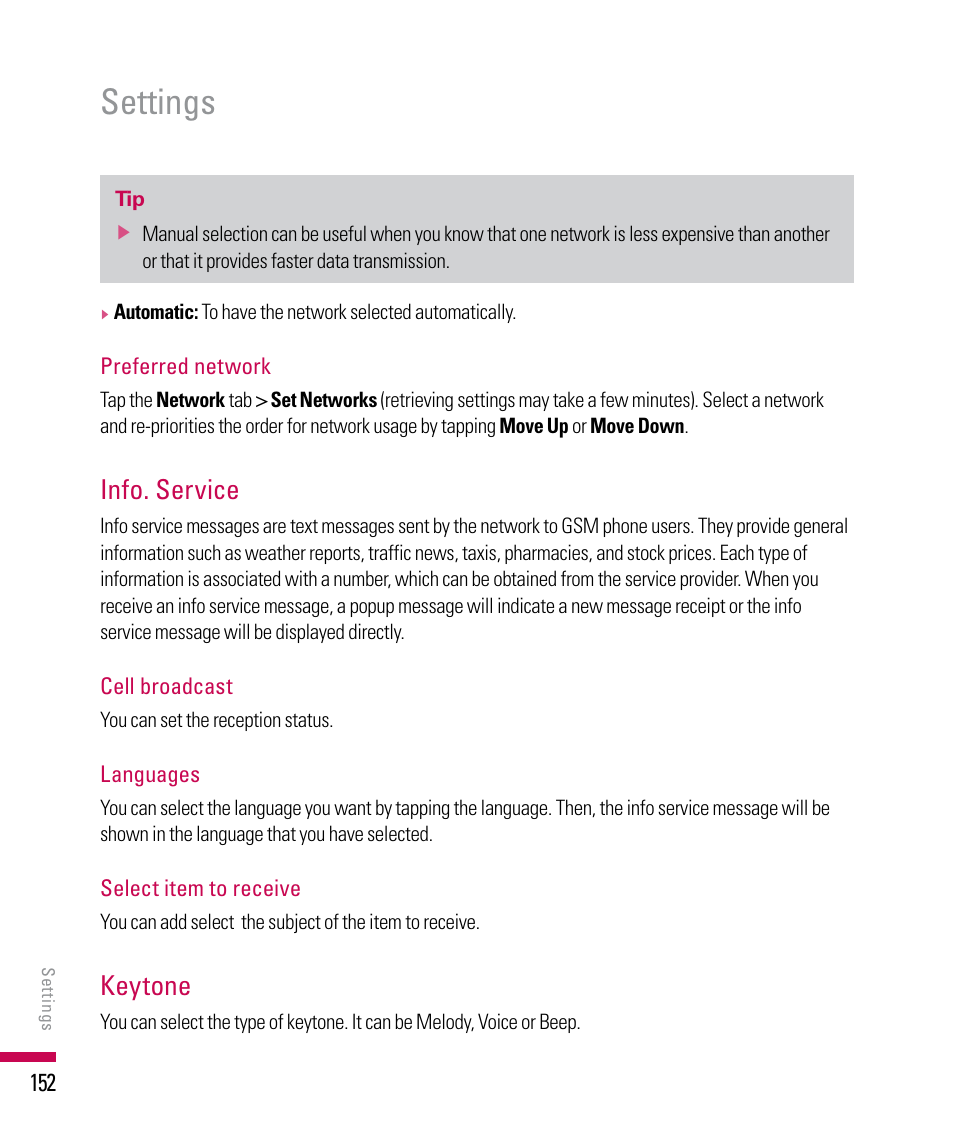 Settings, Info. service, Keytone | LG PDA User Manual | Page 152 / 195