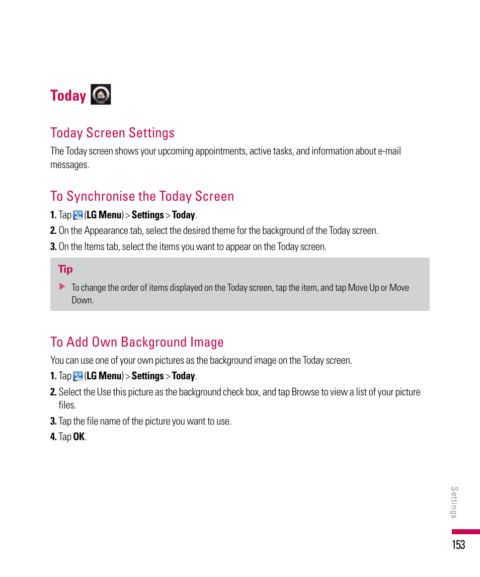 Today, Today screen settings | LG PDA User Manual | Page 153 / 195