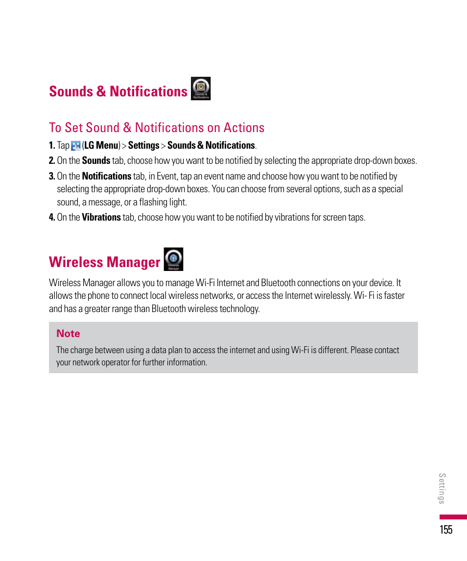 Sounds & notifications, Wireless manager | LG PDA User Manual | Page 155 / 195