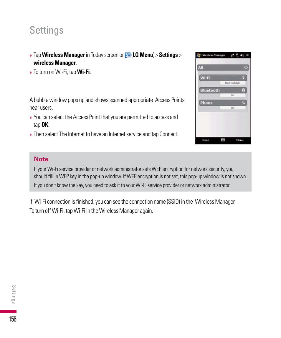 Settings | LG PDA User Manual | Page 156 / 195