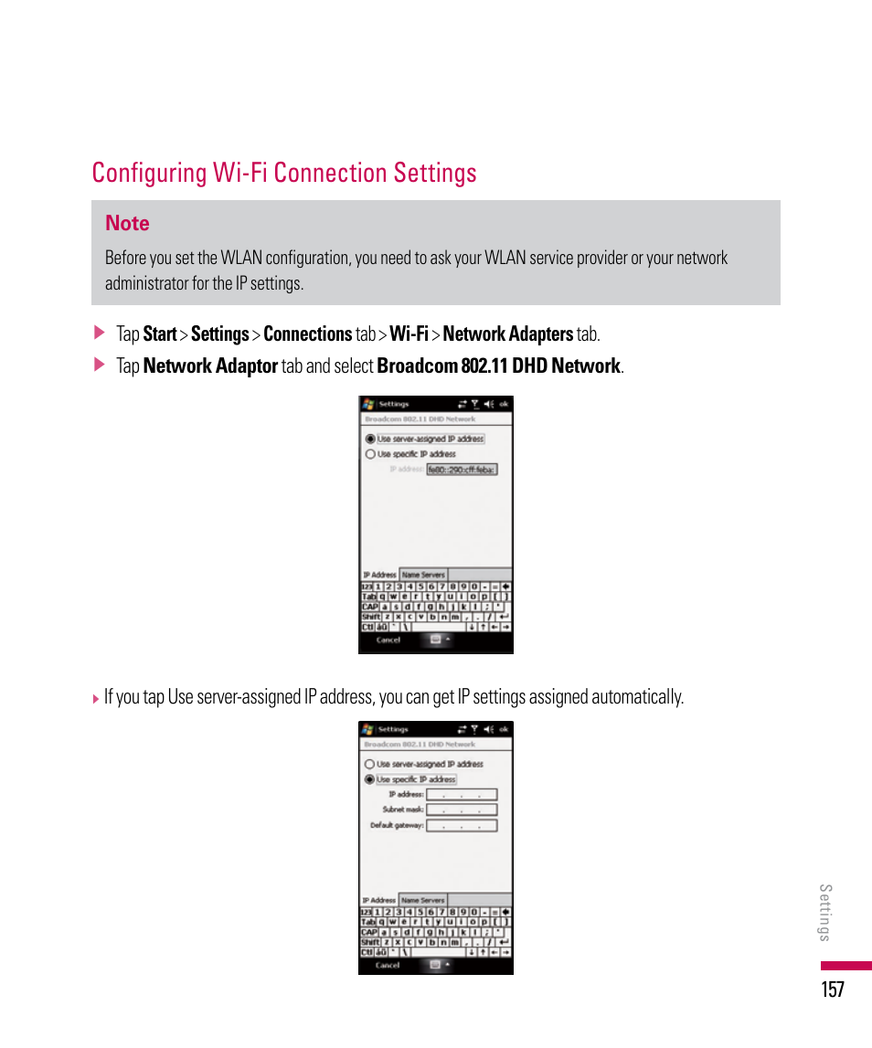 Configuring wi-fi connection settings | LG PDA User Manual | Page 157 / 195