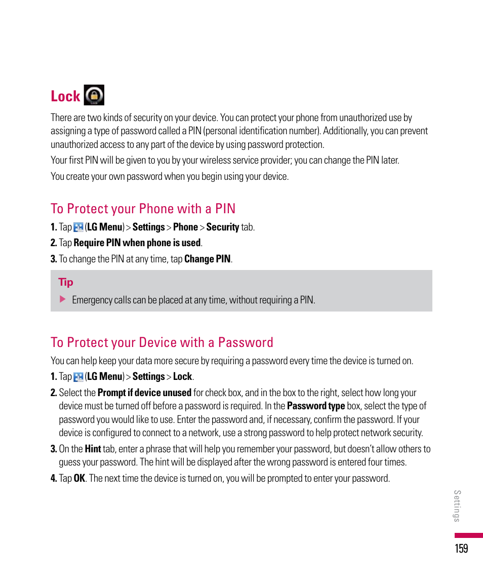 Lock | LG PDA User Manual | Page 159 / 195