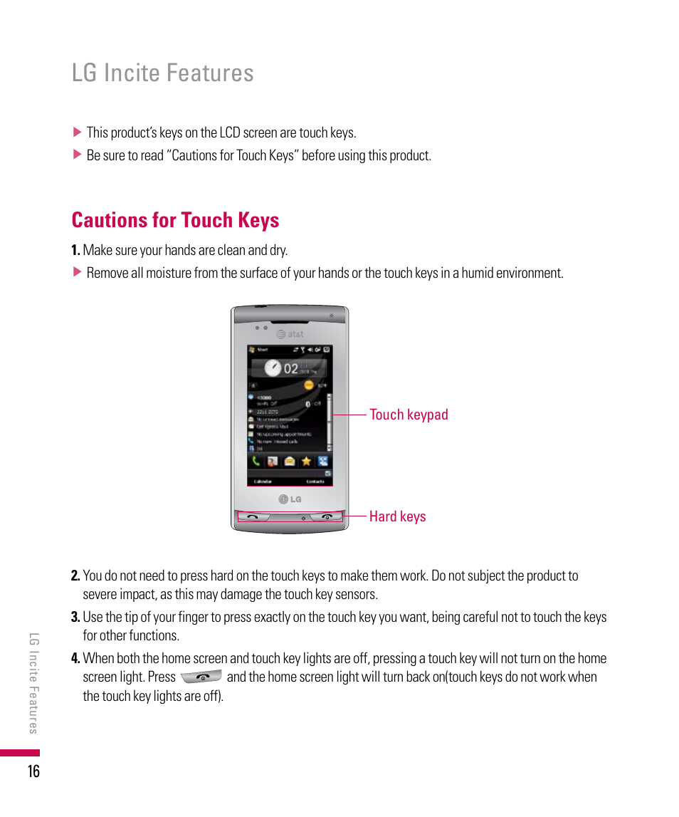 Lg incite features, Cautions for touch keys | LG PDA User Manual | Page 16 / 195