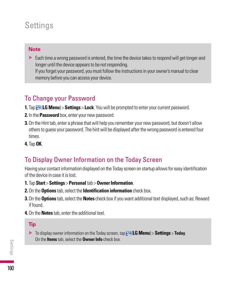 Settings | LG PDA User Manual | Page 160 / 195