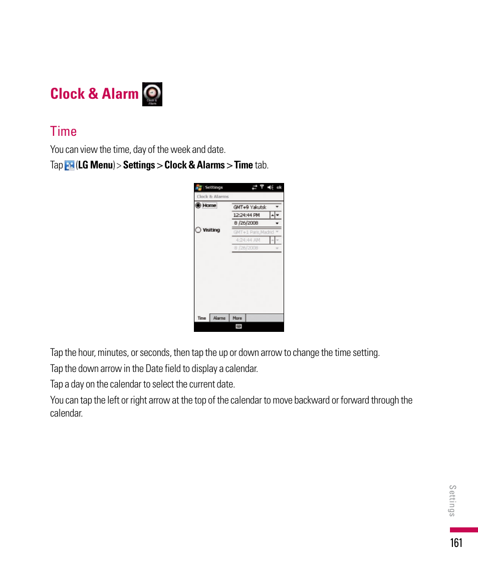 Clock & alarm, Time | LG PDA User Manual | Page 161 / 195