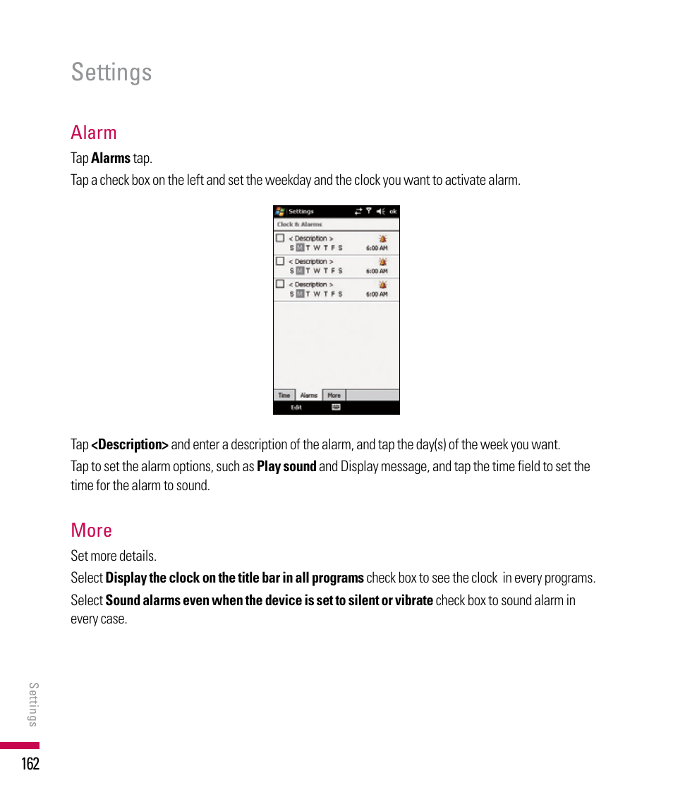 Settings, Alarm, More | LG PDA User Manual | Page 162 / 195