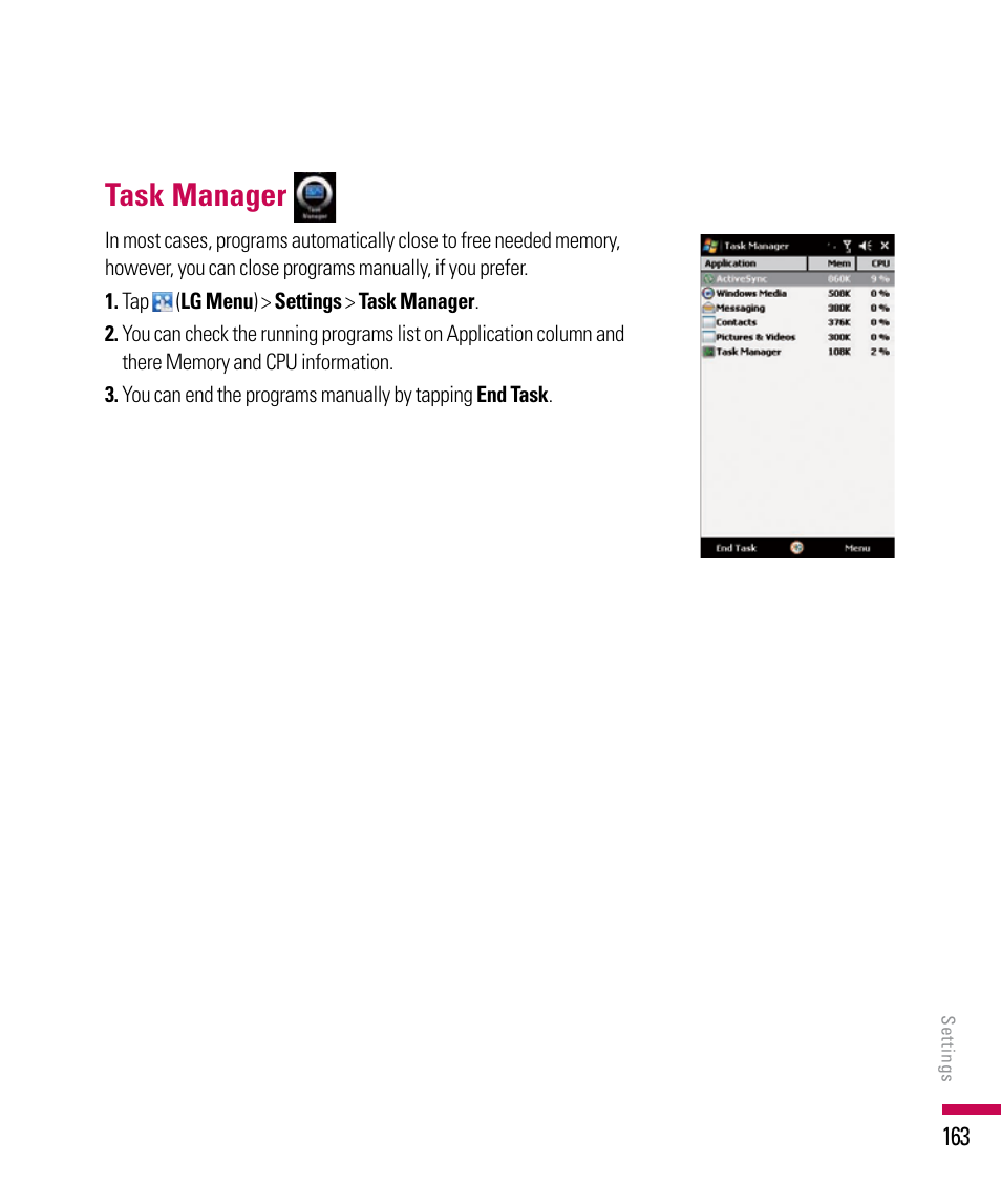 Task manager | LG PDA User Manual | Page 163 / 195