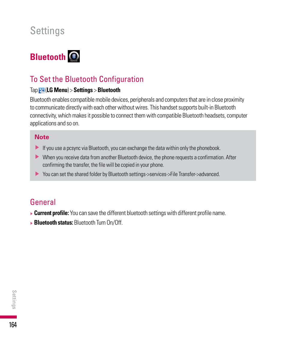 Settings, Bluetooth, General | LG PDA User Manual | Page 164 / 195