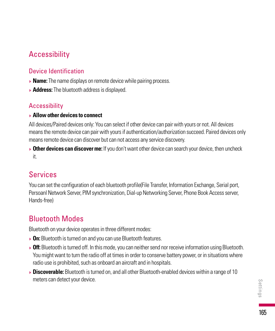 Accessibility, Services, Bluetooth modes | LG PDA User Manual | Page 165 / 195