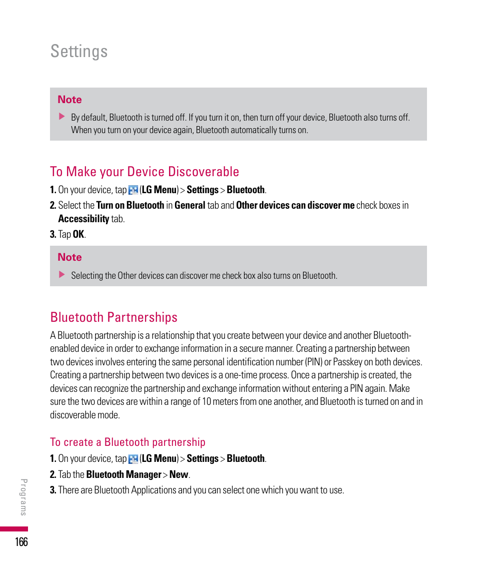 Settings, Bluetooth partnerships | LG PDA User Manual | Page 166 / 195