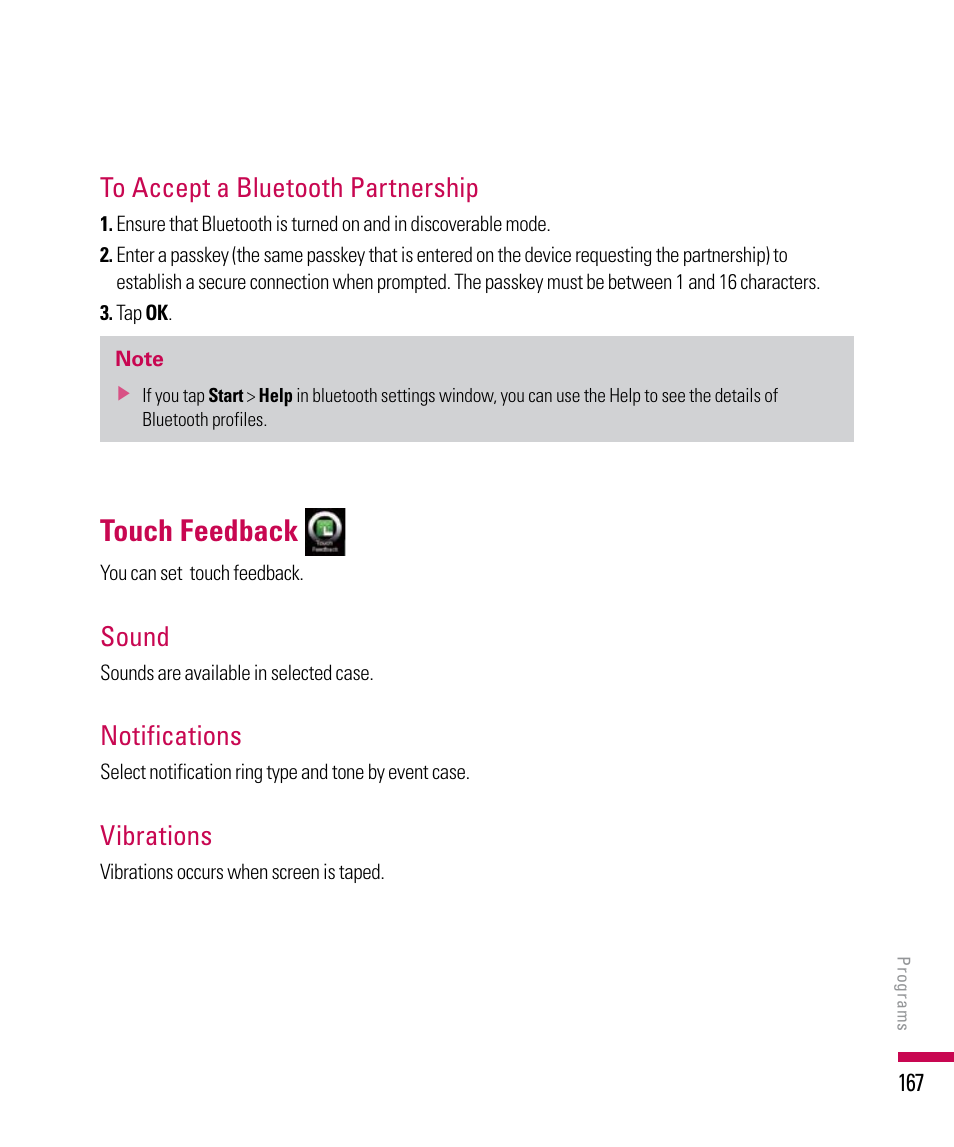 Touch feedback, Sound, Notifications | Vibrations | LG PDA User Manual | Page 167 / 195