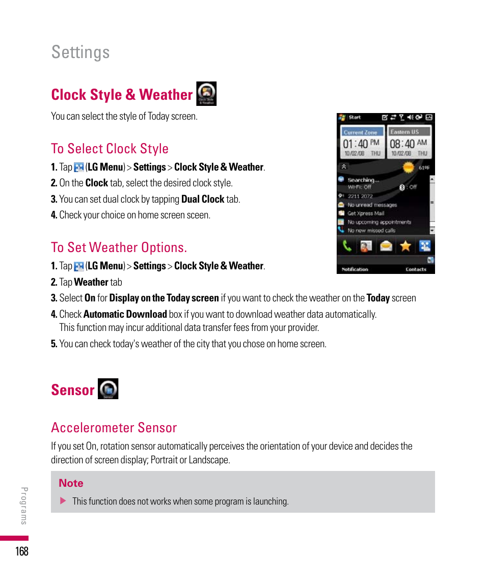 Settings, Clock style & weather, Sensor | Accelerometer sensor | LG PDA User Manual | Page 168 / 195