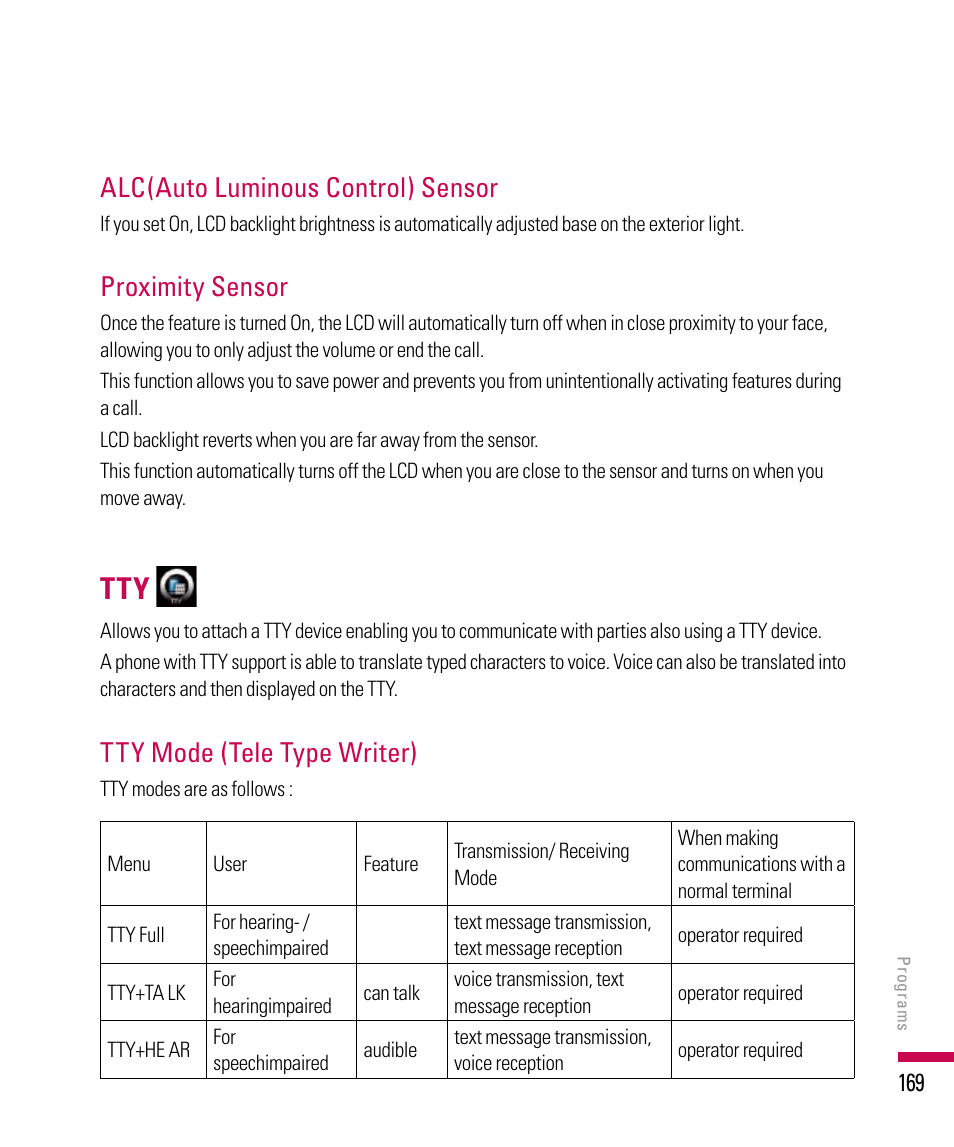 Alc(auto luminous control) sensor, Proximity sensor, Tty mode (tele type writer) | LG PDA User Manual | Page 169 / 195