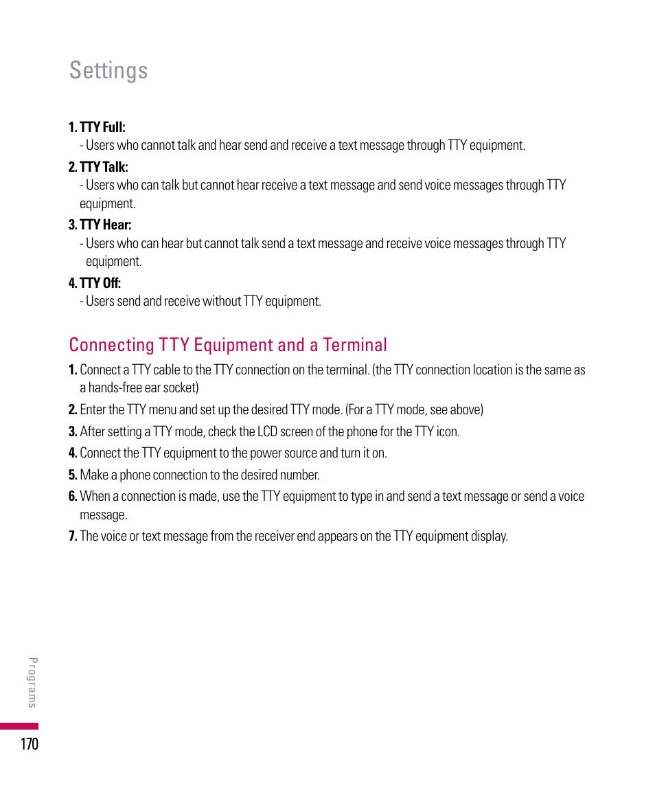 Settings, Connecting tty equipment and a terminal | LG PDA User Manual | Page 170 / 195