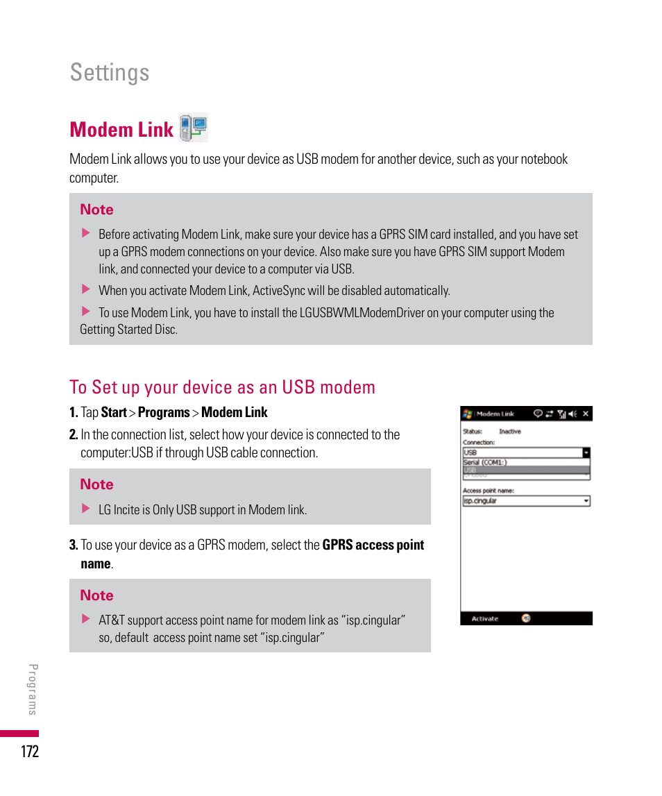 Settings, Modem link | LG PDA User Manual | Page 172 / 195