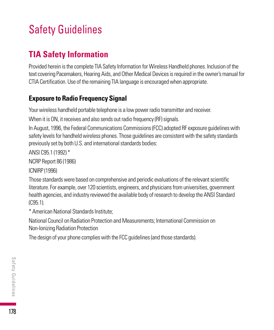 Safety guidelines, Tia safety information | LG PDA User Manual | Page 178 / 195