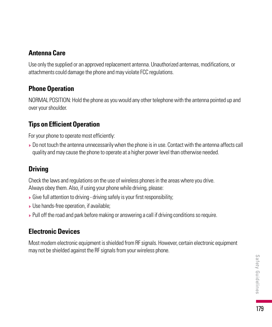 Antenna care, Phone operation, Tips on efficient operation | Driving, Electronic devices | LG PDA User Manual | Page 179 / 195