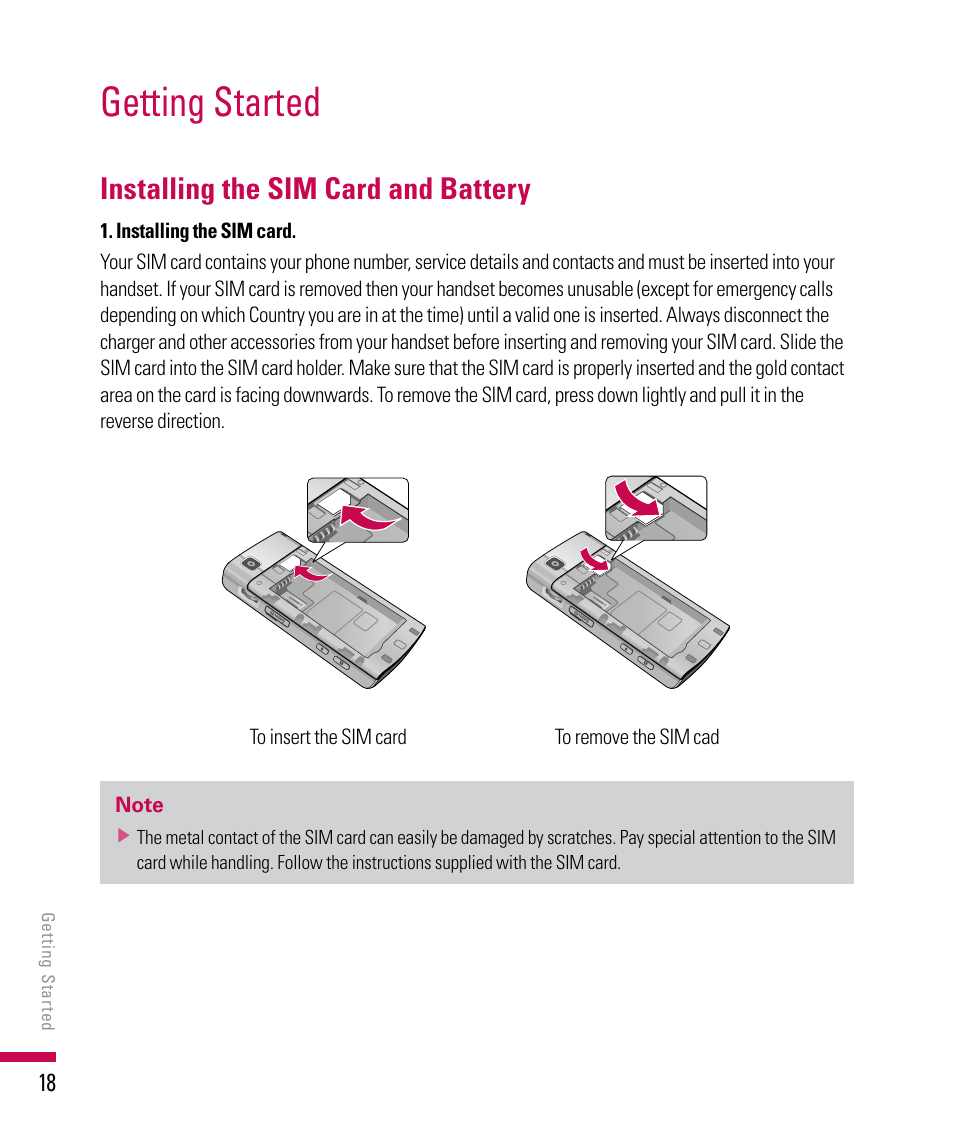 Getting started, Installing the sim card and battery | LG PDA User Manual | Page 18 / 195