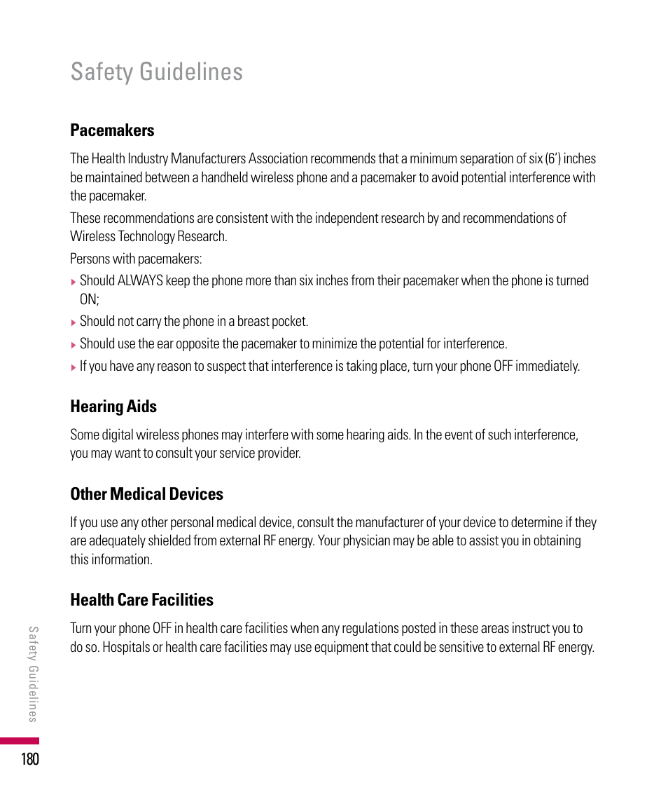 Safety guidelines, 10 pacemakers, Hearing aids | Other medical devices, Health care facilities | LG PDA User Manual | Page 180 / 195