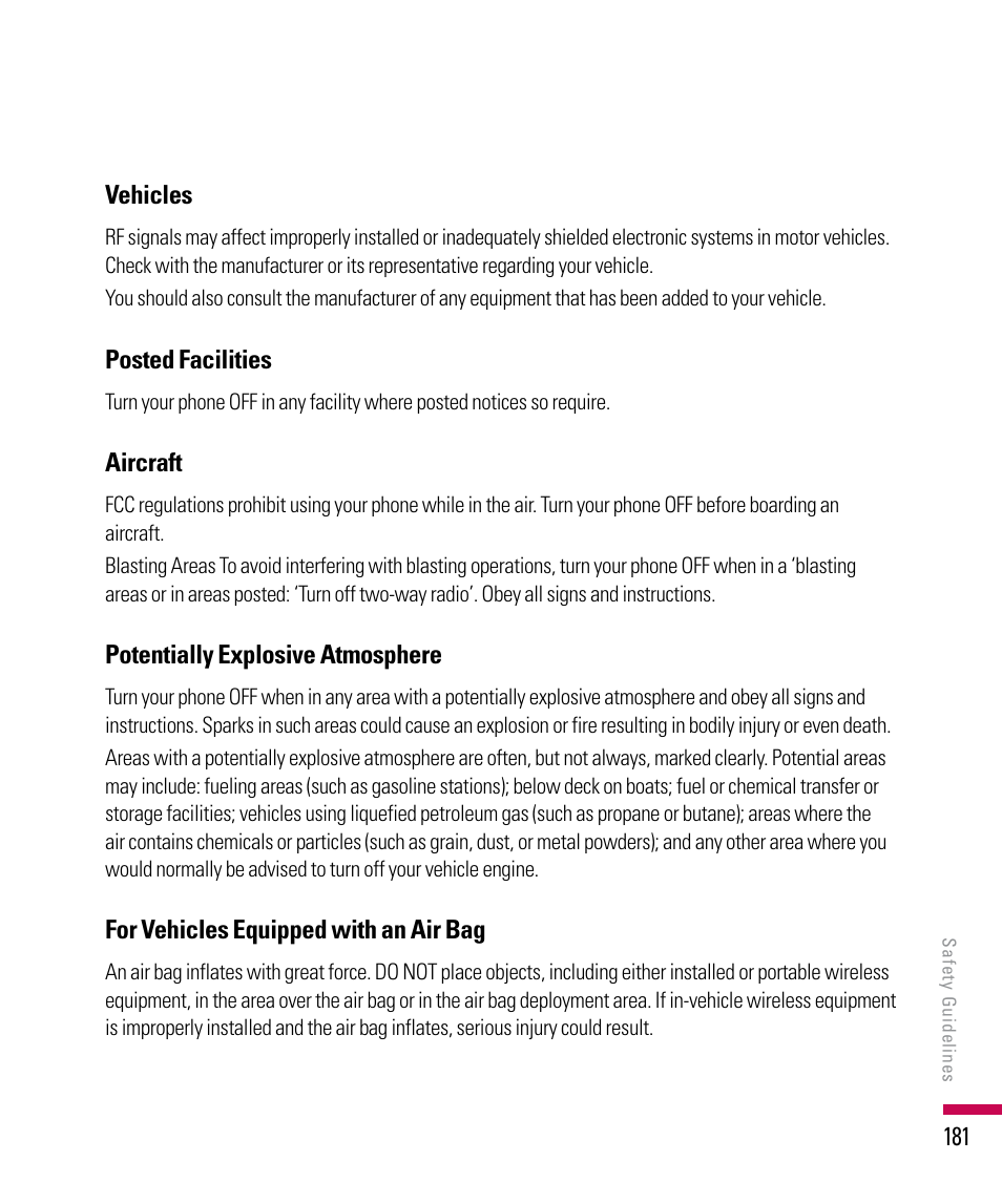 11 vehicles, Posted facilities, Aircraft | Potentially explosive atmosphere, For vehicles equipped with an air bag | LG PDA User Manual | Page 181 / 195