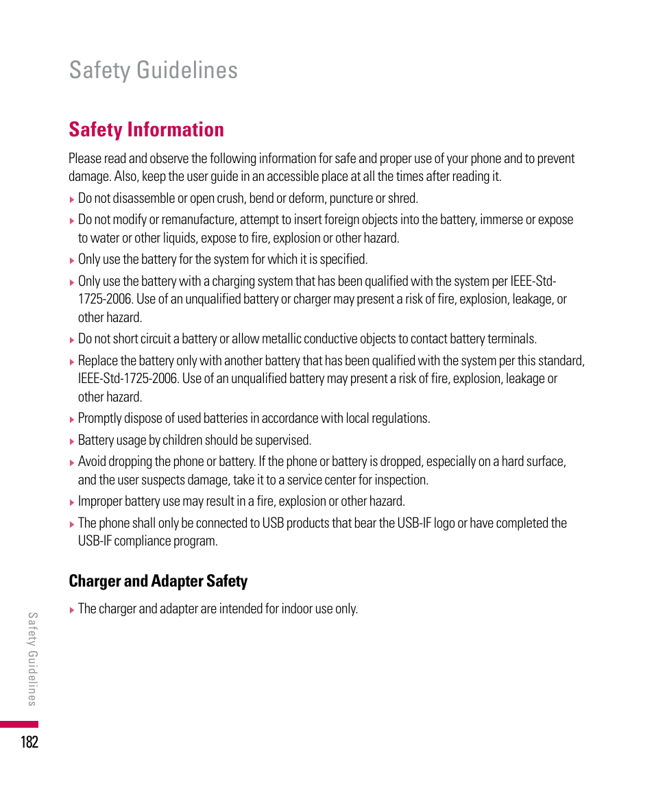 Safety guidelines, Safety information, Charger and adapter safety | LG PDA User Manual | Page 182 / 195