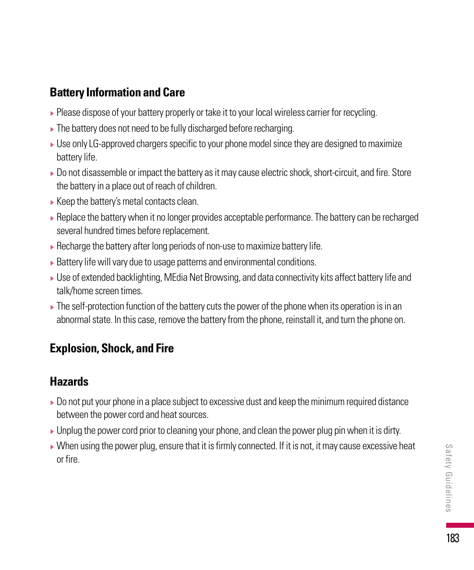 1 battery information and care, Explosion, shock, and fire hazards | LG PDA User Manual | Page 183 / 195