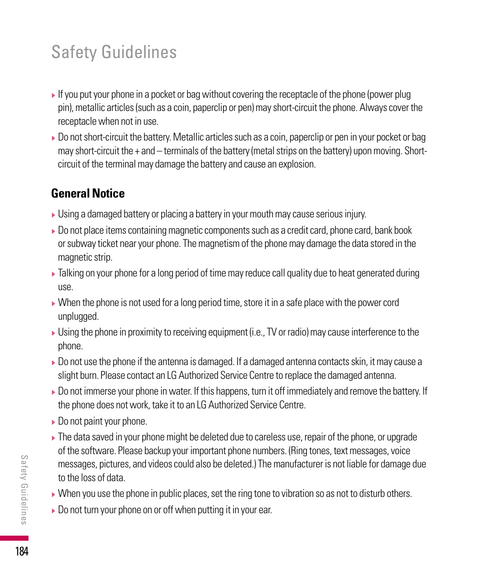 Safety guidelines, General notice | LG PDA User Manual | Page 184 / 195