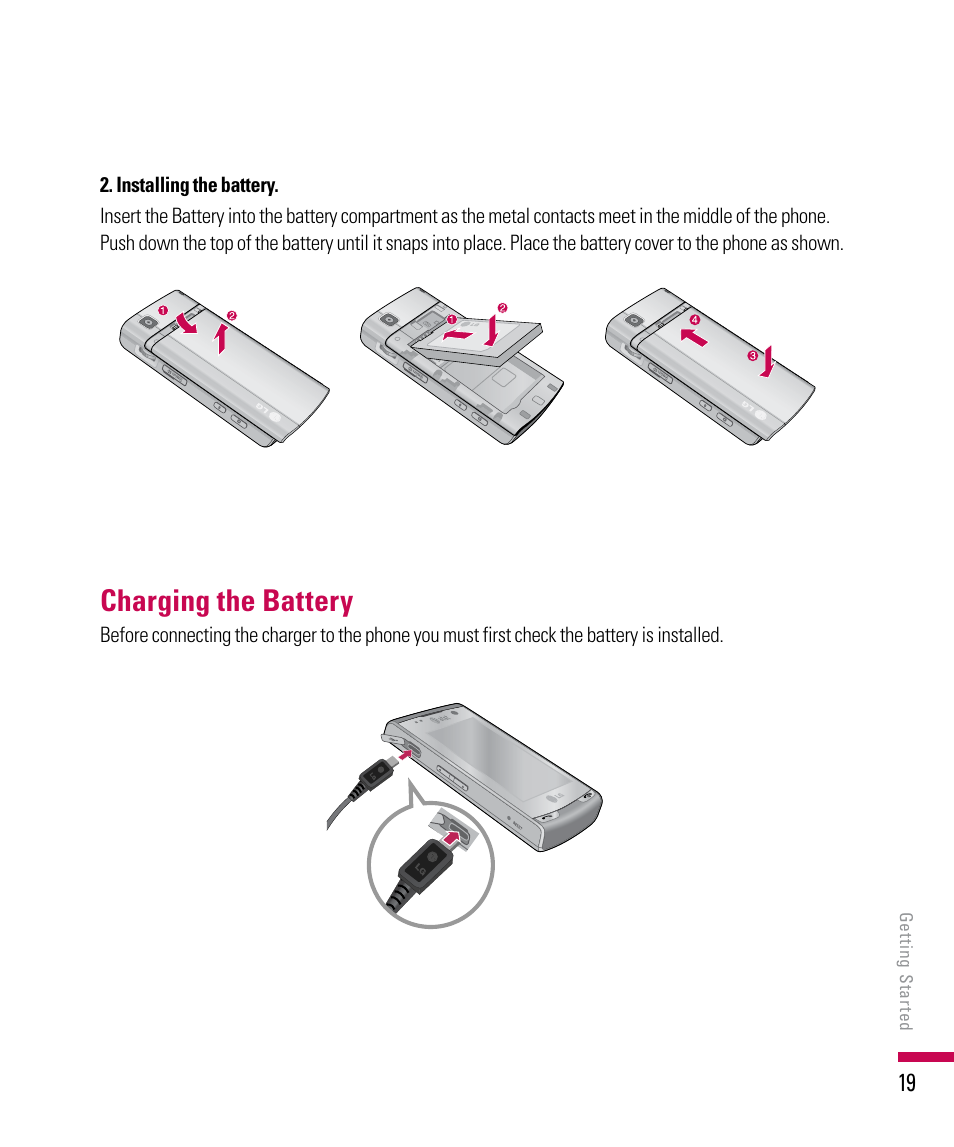 Charging the battery | LG PDA User Manual | Page 19 / 195