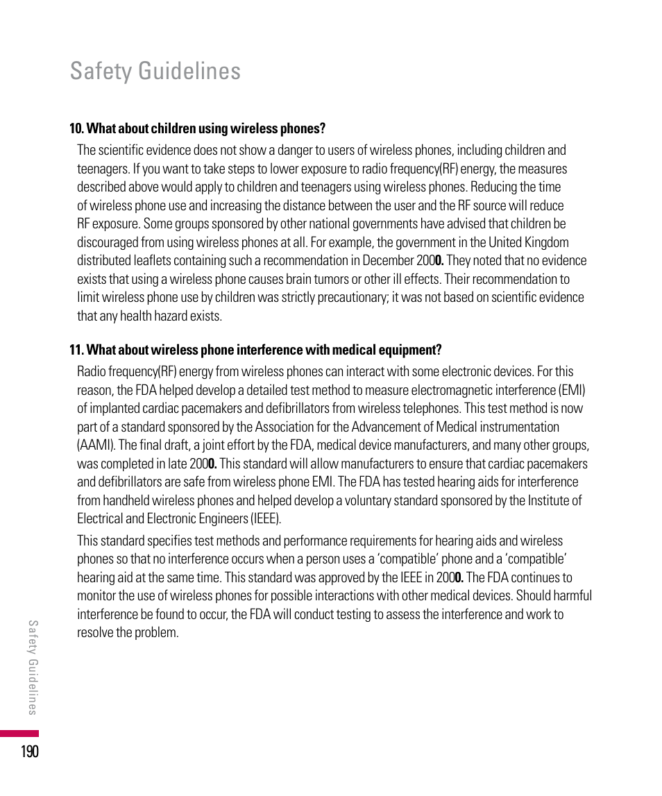 Safety guidelines | LG PDA User Manual | Page 190 / 195