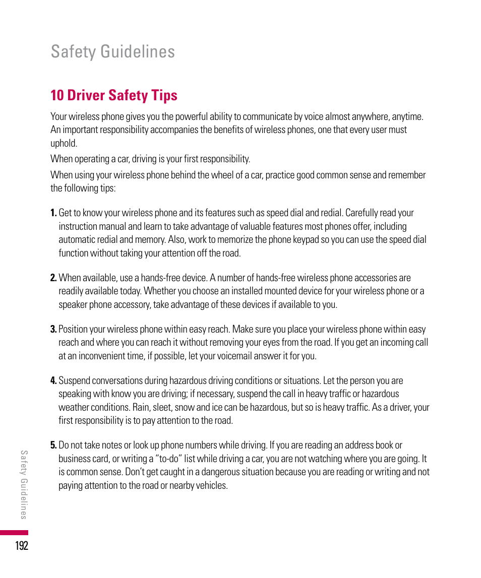 Safety guidelines, 10 driver safety tips | LG PDA User Manual | Page 192 / 195