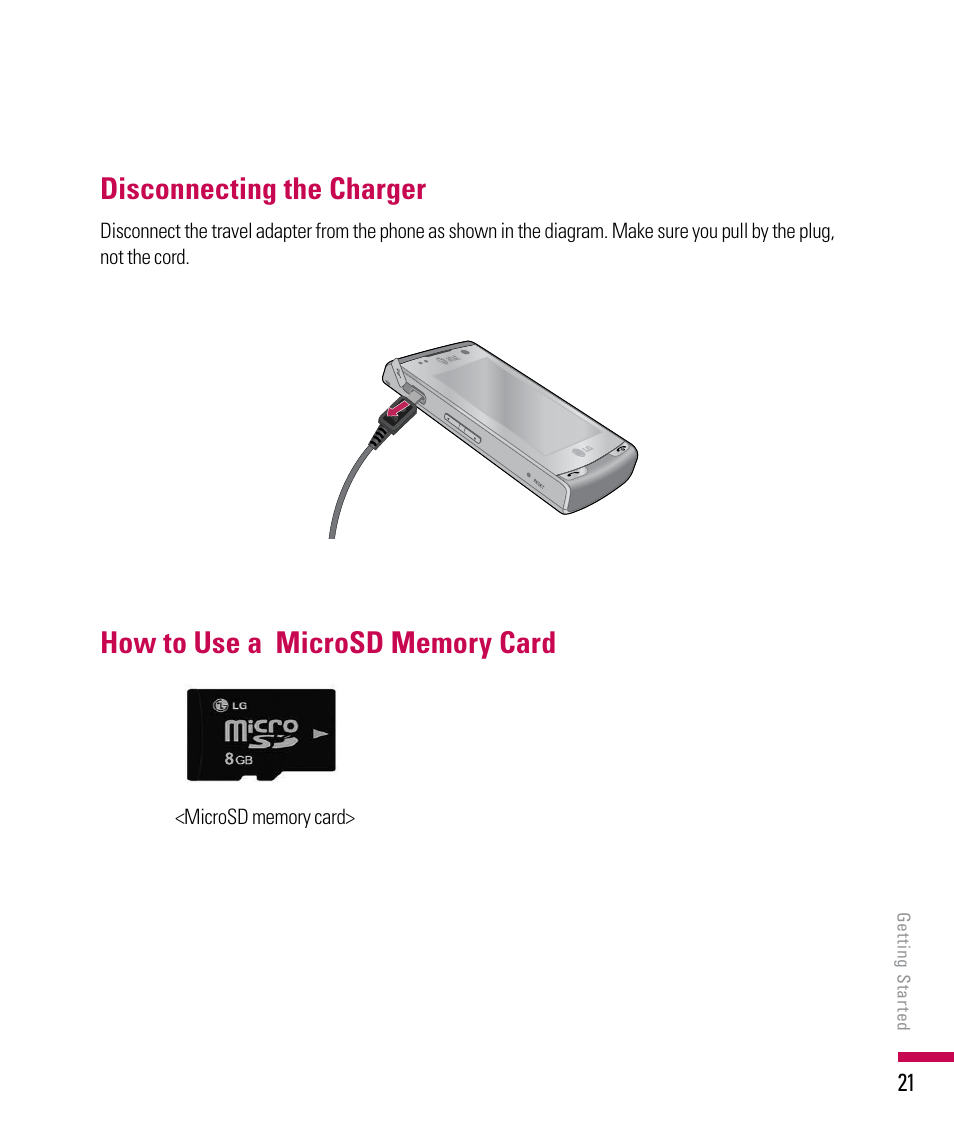 Disconnecting the charger | LG PDA User Manual | Page 21 / 195