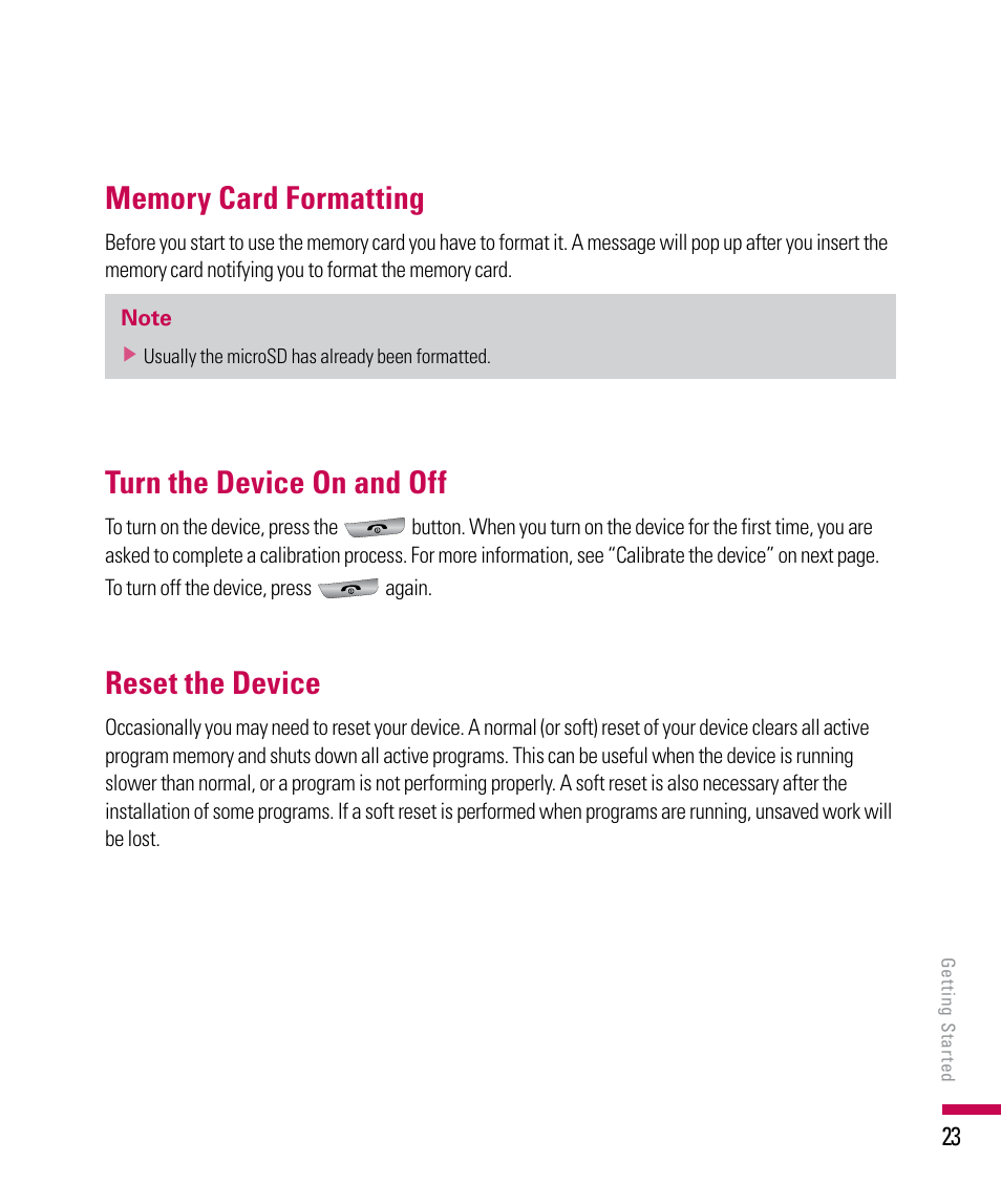 Turn the device on and off, Reset the device | LG PDA User Manual | Page 23 / 195