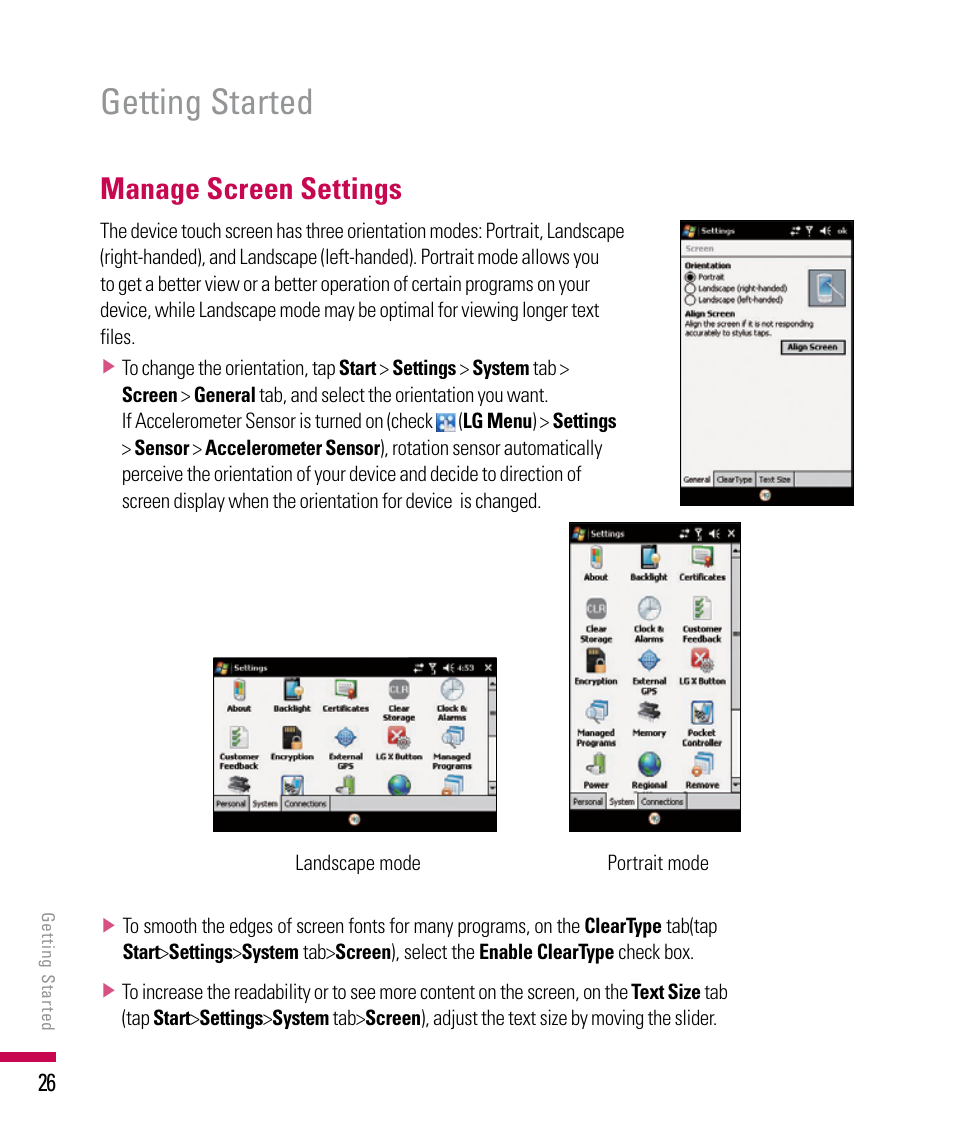 Getting started, Manage screen settings | LG PDA User Manual | Page 26 / 195