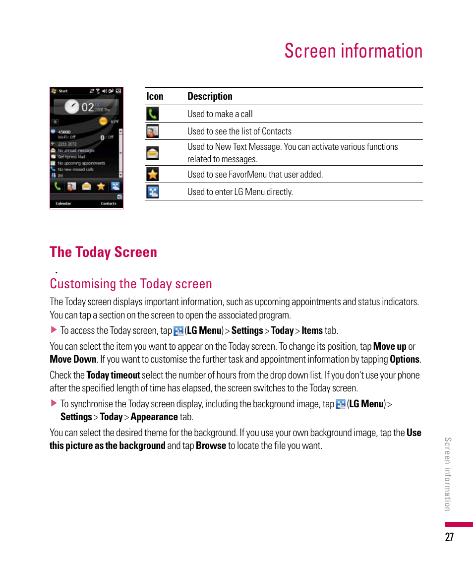 Screen information, The today screen, Customising the today screen | LG PDA User Manual | Page 27 / 195