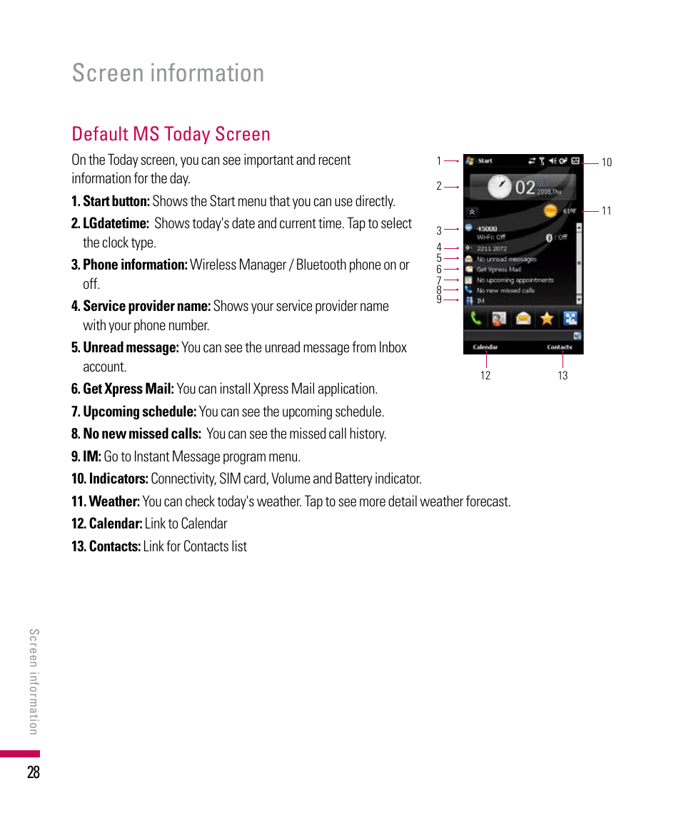 Screen information, Default ms today screen | LG PDA User Manual | Page 28 / 195