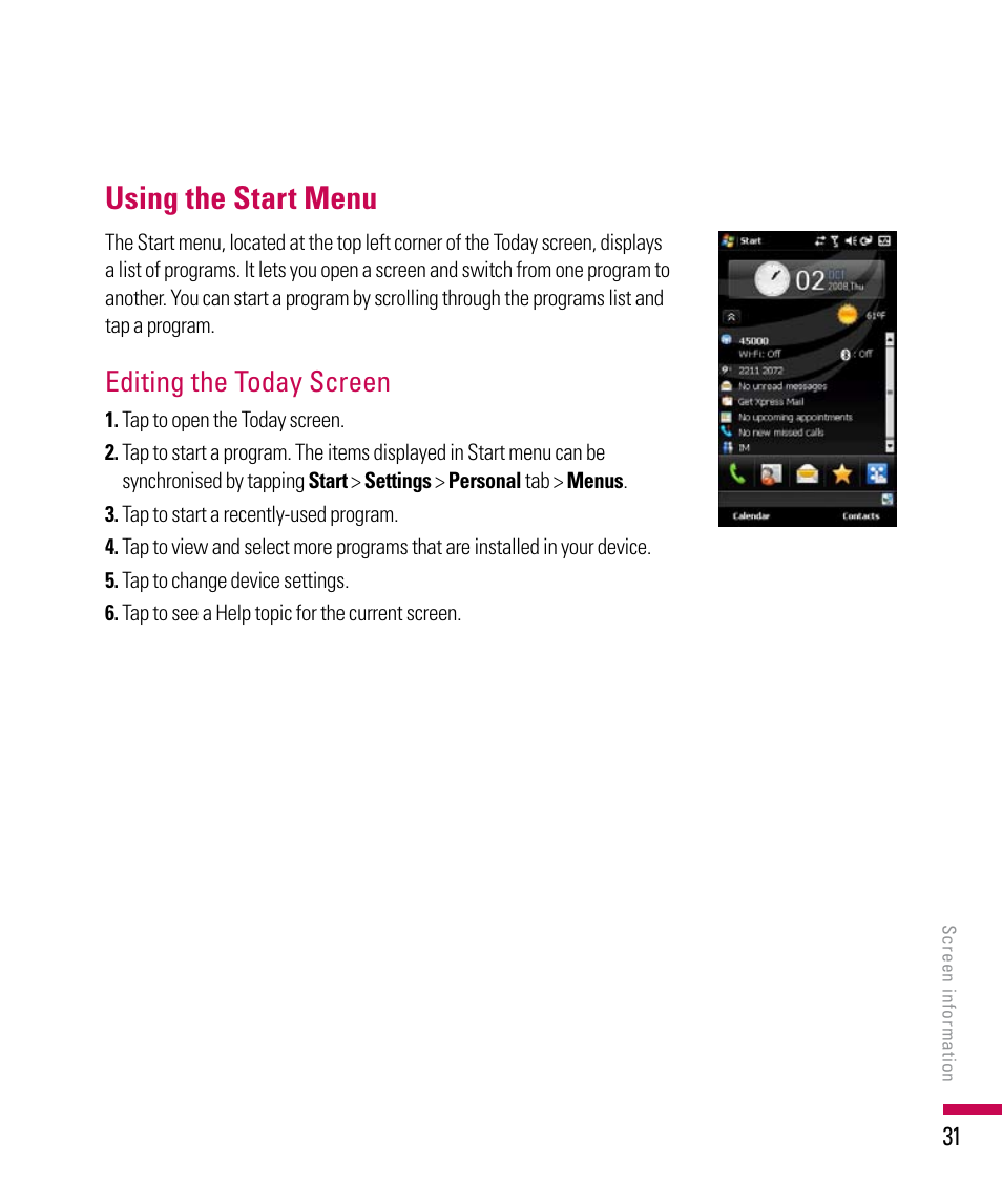 Using the start menu, Editing the today screen | LG PDA User Manual | Page 31 / 195