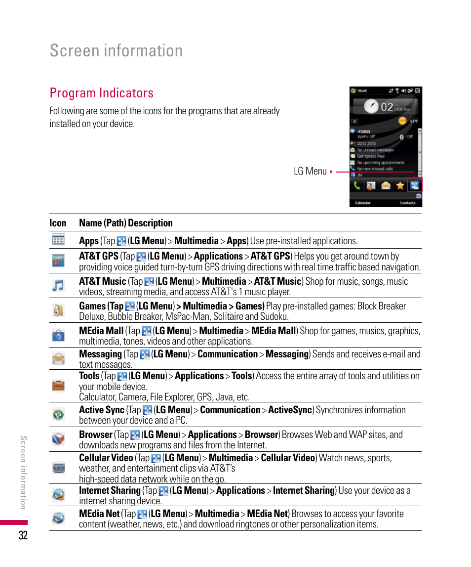 Screen information, Program indicators | LG PDA User Manual | Page 32 / 195