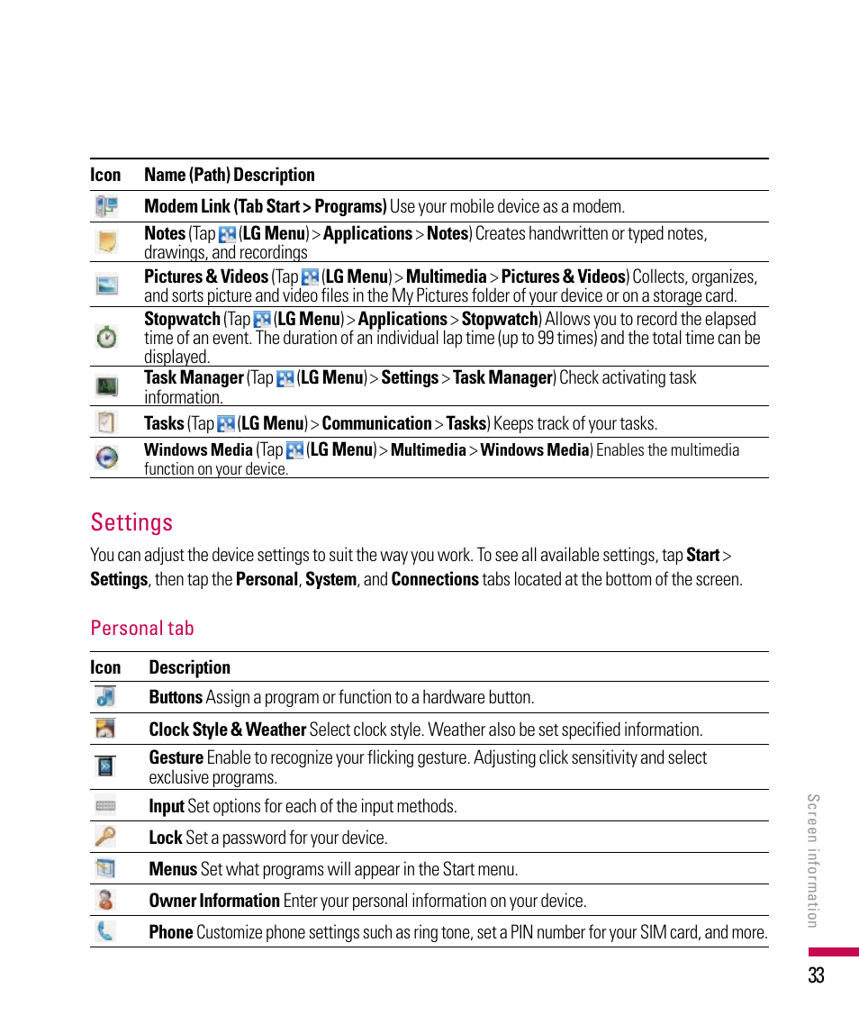 Settings | LG PDA User Manual | Page 33 / 195