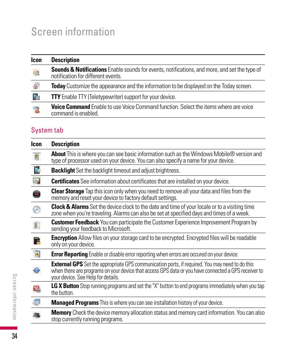 Screen information | LG PDA User Manual | Page 34 / 195