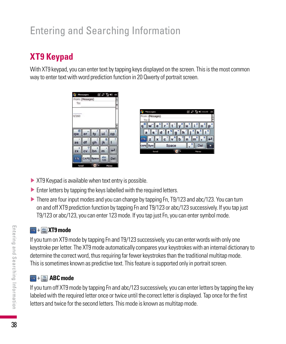 Entering and searching information, Xt9 keypad | LG PDA User Manual | Page 38 / 195